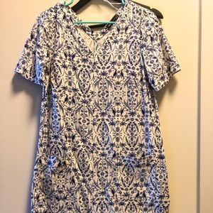 Blue and White Animal Print Linen Shift Dress